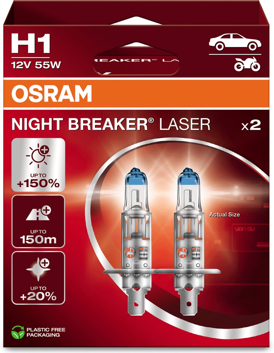 Osram night breaker laser - h1 halogeen autolampen – tot 150% meer licht en 150m zicht - 64150nl-2hb - set 2 lampen