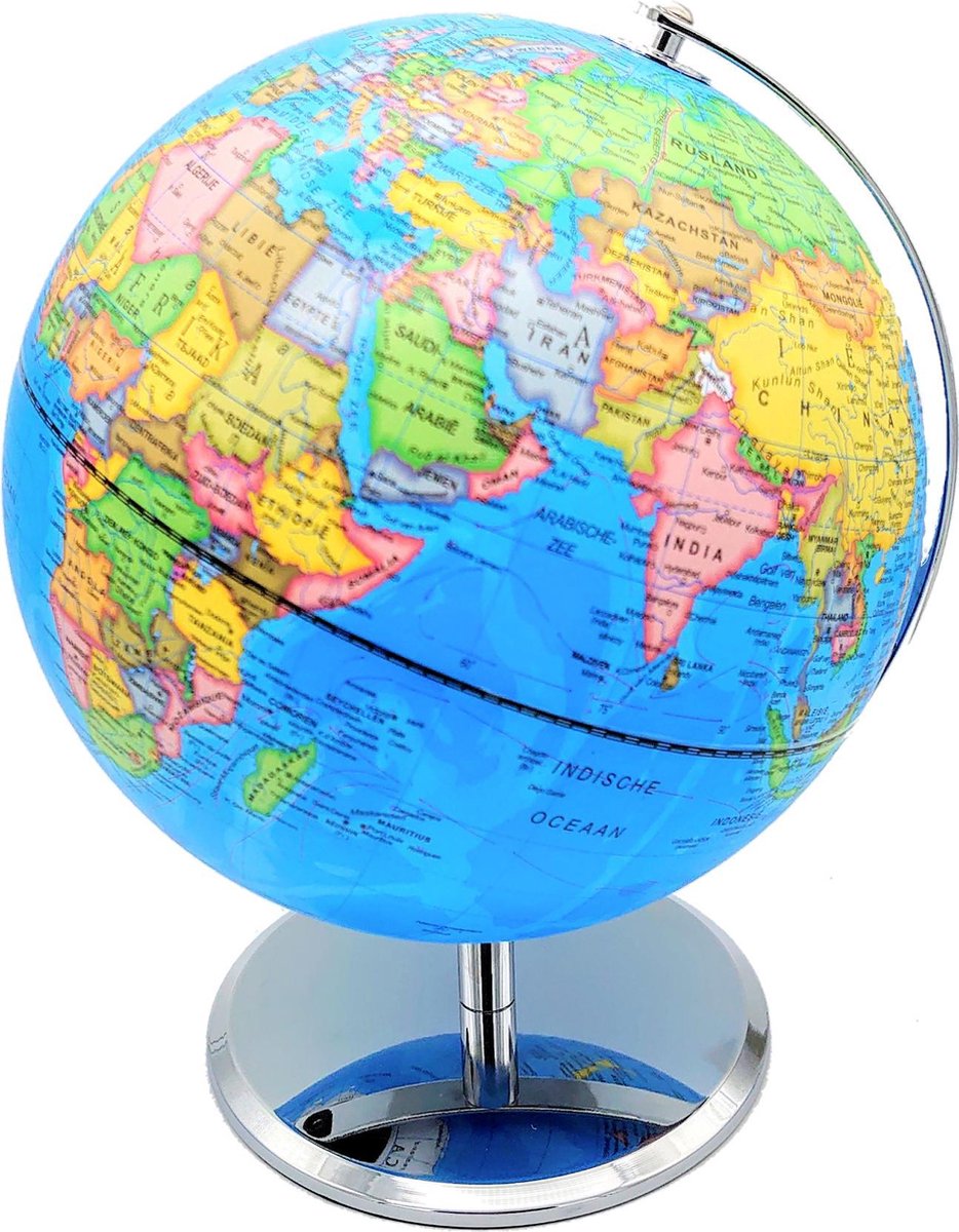 Braet wereldbol met metalen voet - - diameter 25 cm - steden dag en nacht - nederlandstalig