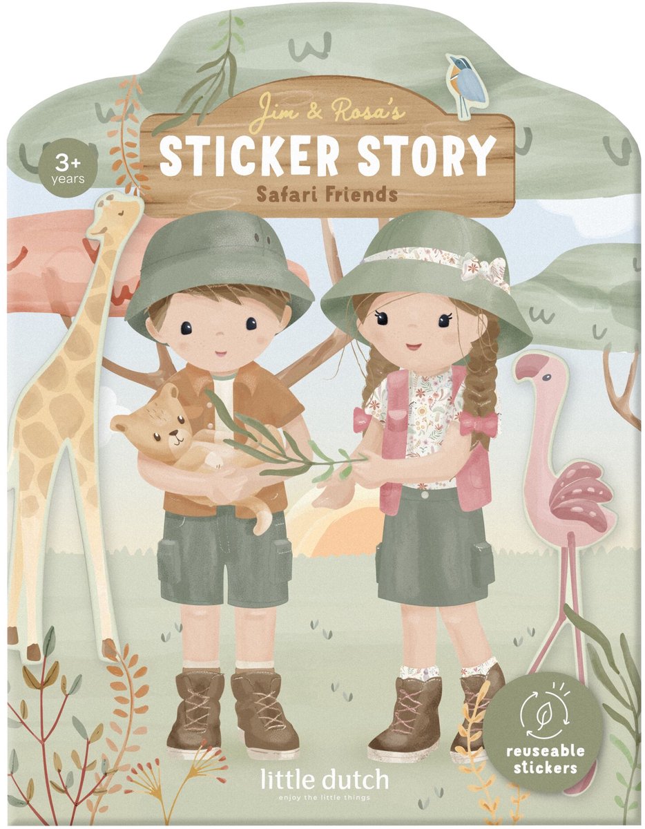Little dutch herbruikbare sticker speelset safari - 3 vellen met mooie dikke stickers, compleet met speelachtergrond - niet permanente, verplaatsbaar en herbruikbaar - creatief speelgoed vanaf 3 jaar