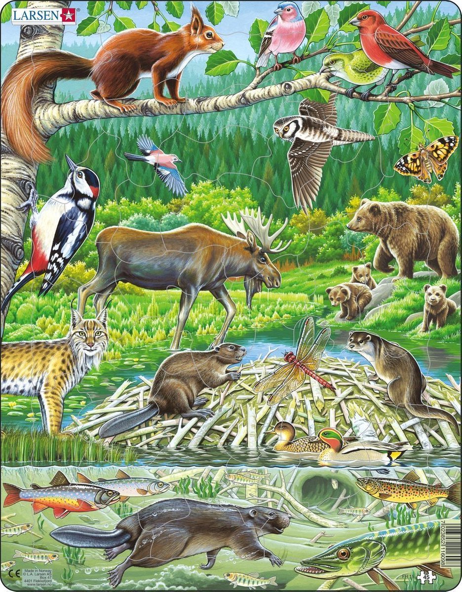 Larsen een zomerdag in een scandinavisch bos – puzzel – dieren – scandinavische bossen – educatieve legpuzzel voor kinderen – 45 stukjes – gemaakt in noorwegen – extra dikke 2,5 mm stukjes – tray met vaste rand
