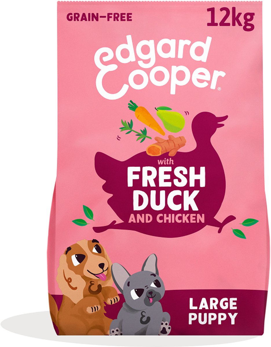 Edgard cooper puppy hondenbrokken voor grote honden, verse eend kip, 12kg, graanvrij recept met natuurlijke ingrediënten, perfecte vezelbalans