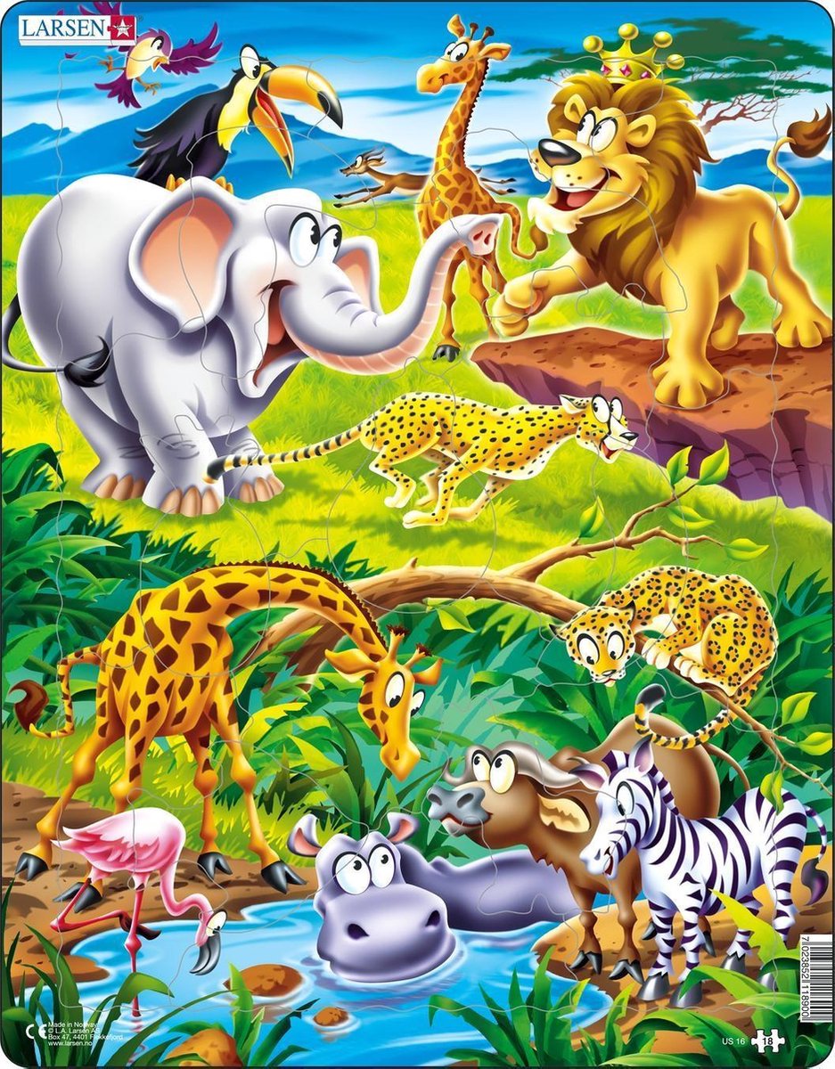 Larsen op safari – puzzel – dieren – safari – educatieve legpuzzel voor kinderen – 18 stukjes – gemaakt in noorwegen – extra dikke 2,5 mm stukjes – tray met vaste rand