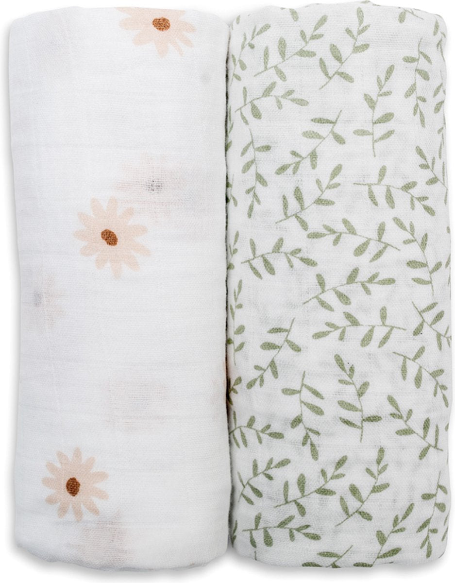 Lulujo - hydrofiele doek - swaddle - katoen - 100x100 cm - 2-pack - daisies greenery