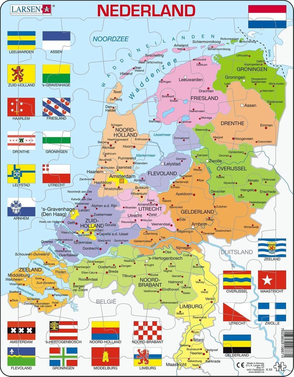 Larsen nederland met provincies en vlaggen – puzzel – kaarten geografie – nederland – educatieve legpuzzel voor kinderen – 48 stukjes – gemaakt in noorwegen – extra dikke 2,5 mm stukjes – tray met vaste rand