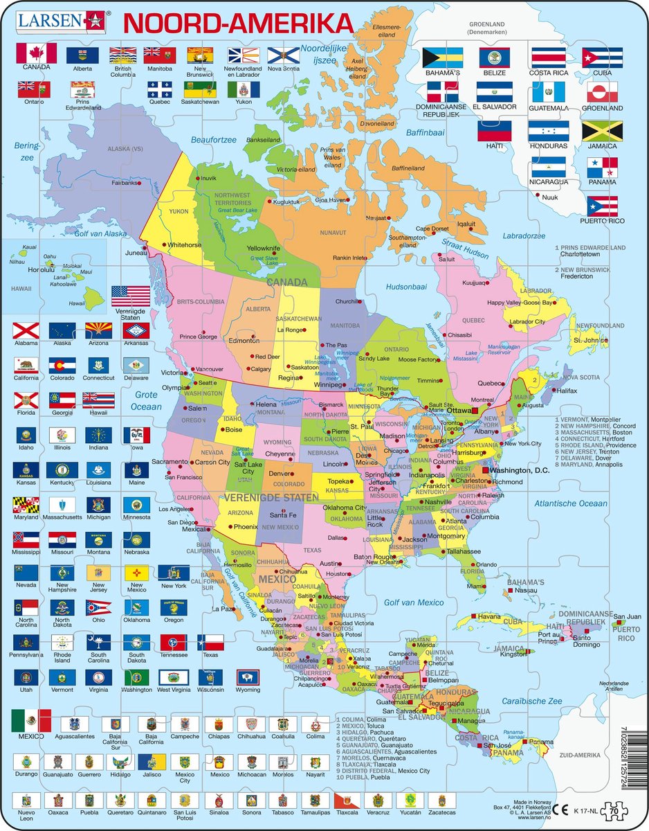 Larsen noord-amerika met staten en vlaggen – puzzel – kaarten geografie – noord-amerika – educatieve legpuzzel voor kinderen – 70 stukjes – gemaakt in noorwegen – extra dikke 2,5 mm stukjes – tray met vaste rand