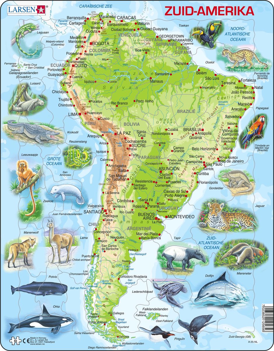 Larsen zuid-amerika geografisch met dieren – puzzel – kaarten geografie – zuid-amerika – educatieve legpuzzel voor kinderen – 65 stukjes – gemaakt in noorwegen – extra dikke 2,5 mm stukjes – tray met vaste rand