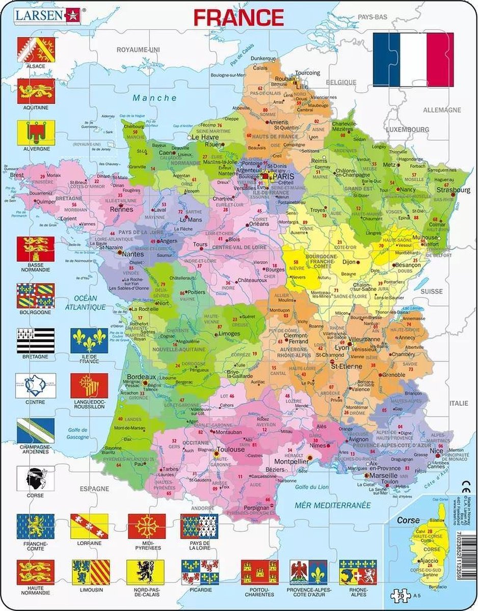 Larsen france carte politique – puzzle – france – régions et départements – puzzle éducatif pour enfants – 70 pièces – fabriqué en norvège – pièces extra épaisses de 2,5 mm – plateau avec bord fixe