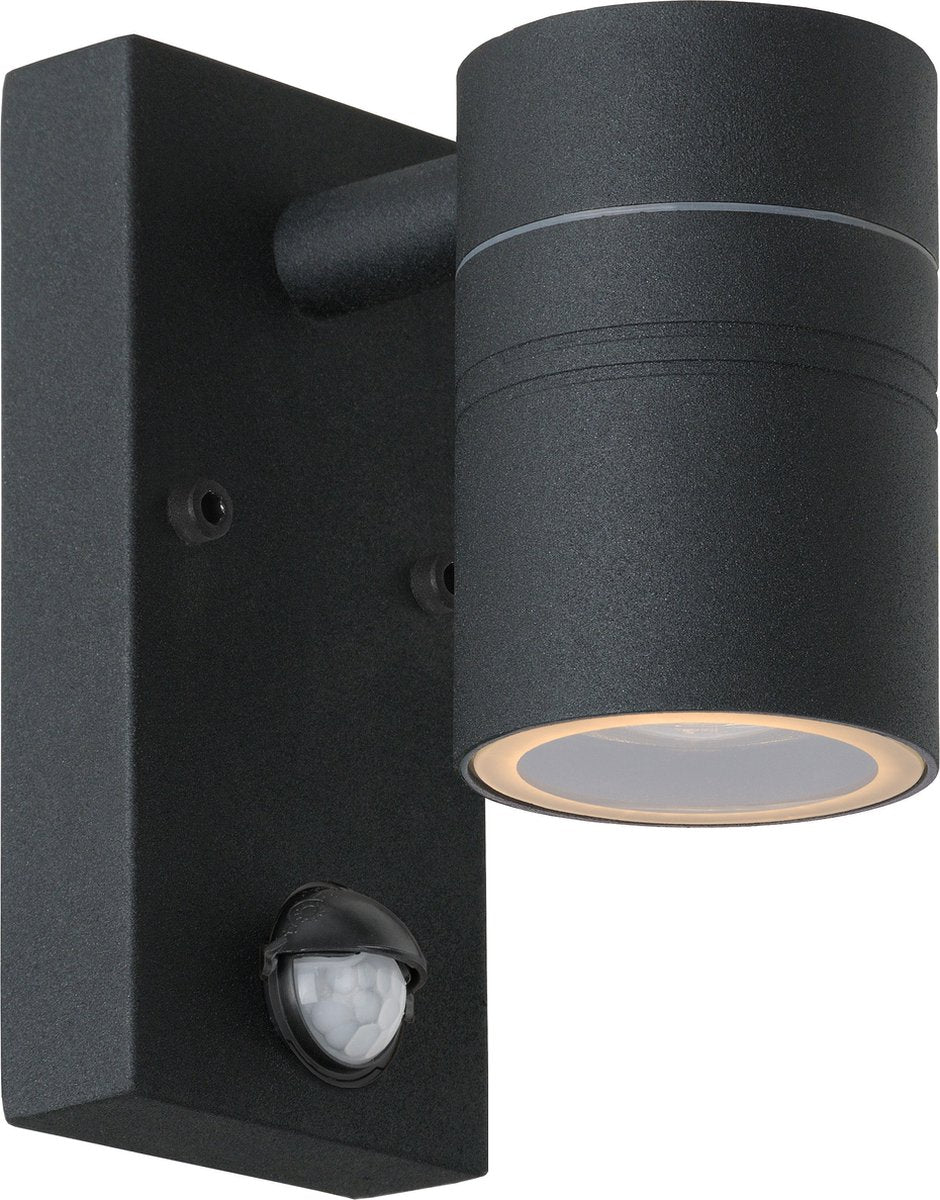 Lucide arne-led ir - wandspot wandlamp binnen buiten - ø 6,3 cm - led - gu10 - 1x5w 2700k - ip44 - beweging dag nacht sensor - zwart