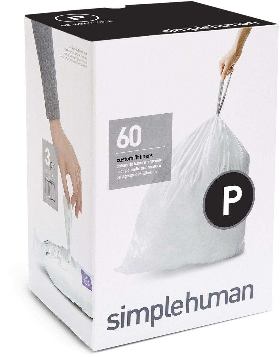 Simplehuman code p afvalzakken - 60 liter - 60 stuks - met trekband - wit