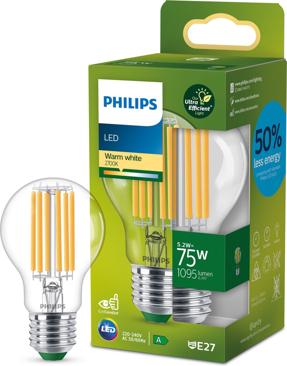 Philips led philips ultraefficient led lamp - transparant - 75w - e27 fitting - warmwit licht: 2700k - bespaar op energiekosten