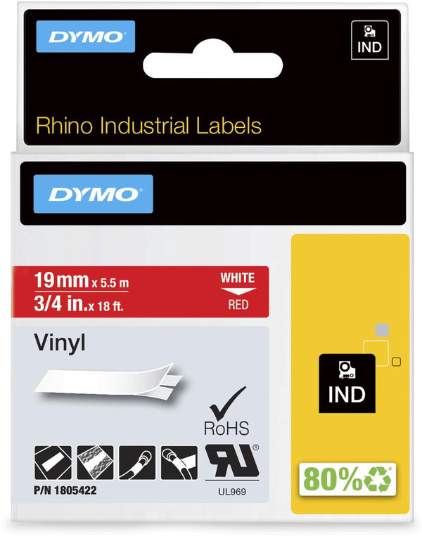 Dymo rhino industriële vinyl labels | 19 mm x 5,5 m | witte afdruk op rood | zelfklevende labels voor rhino labelmanager labelprinters
