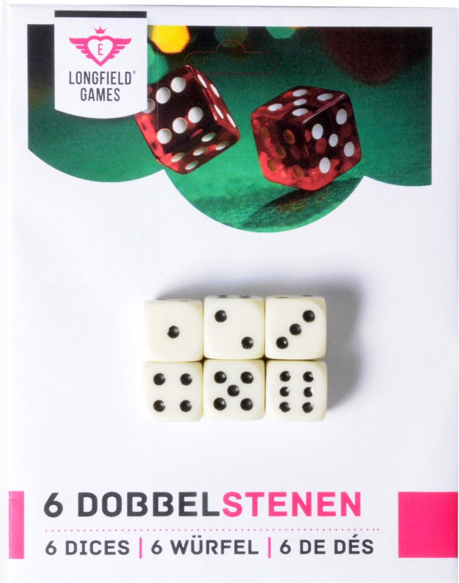 Longfield dobbelstenen 6 stuks – wit – 16 mm – verpakt op kaart – set dobbelstenen voor bordspellen en spelaccessoires – engelhart
