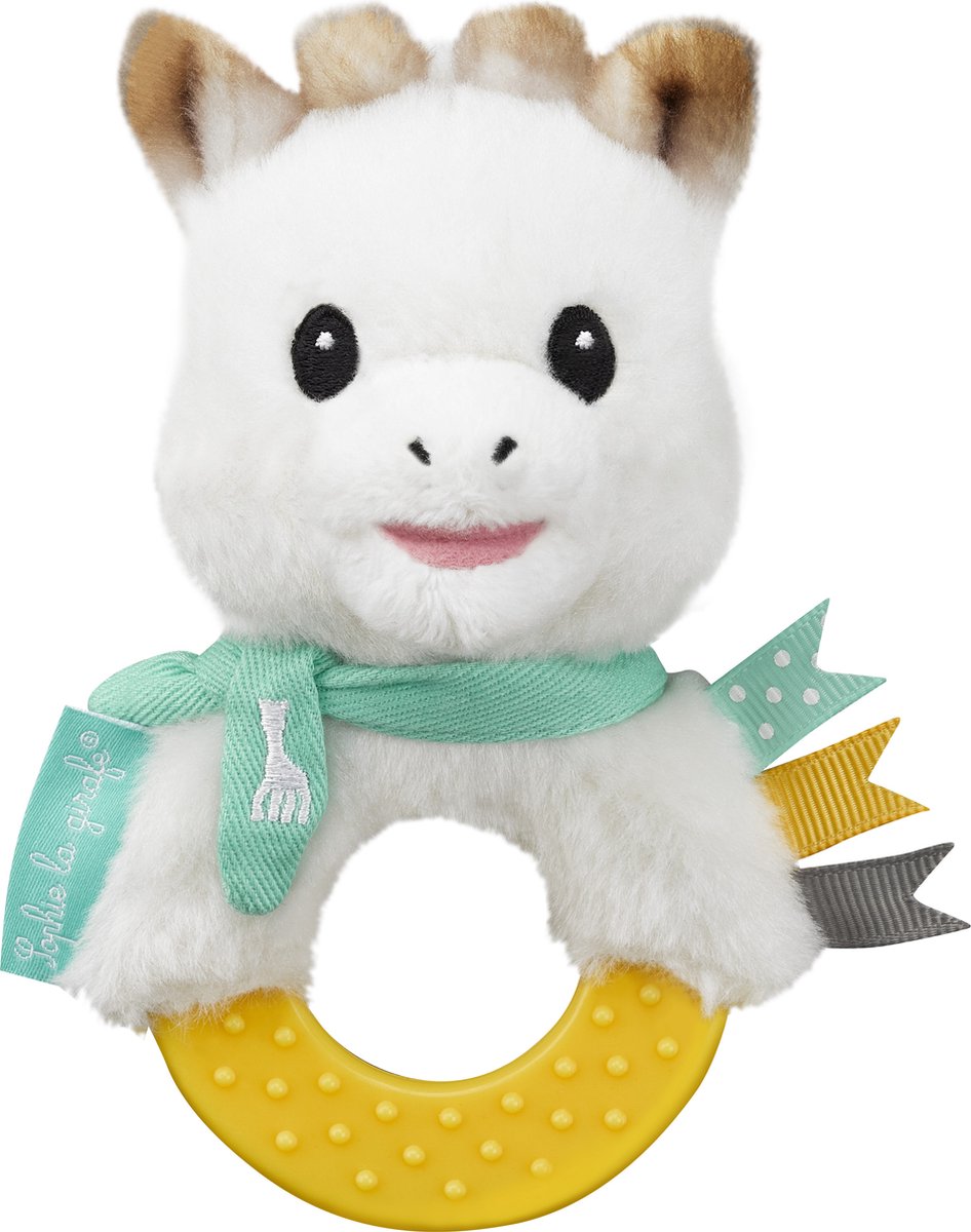 Sophie de giraf bijtrammelaar - 2-in-1 rammelaar bijtring - baby speelgoed - kraamcadeau - babyshower cadeau - vanaf 3 maanden - 13x7x6 cm - pluche rubber - geel wit turquoise
