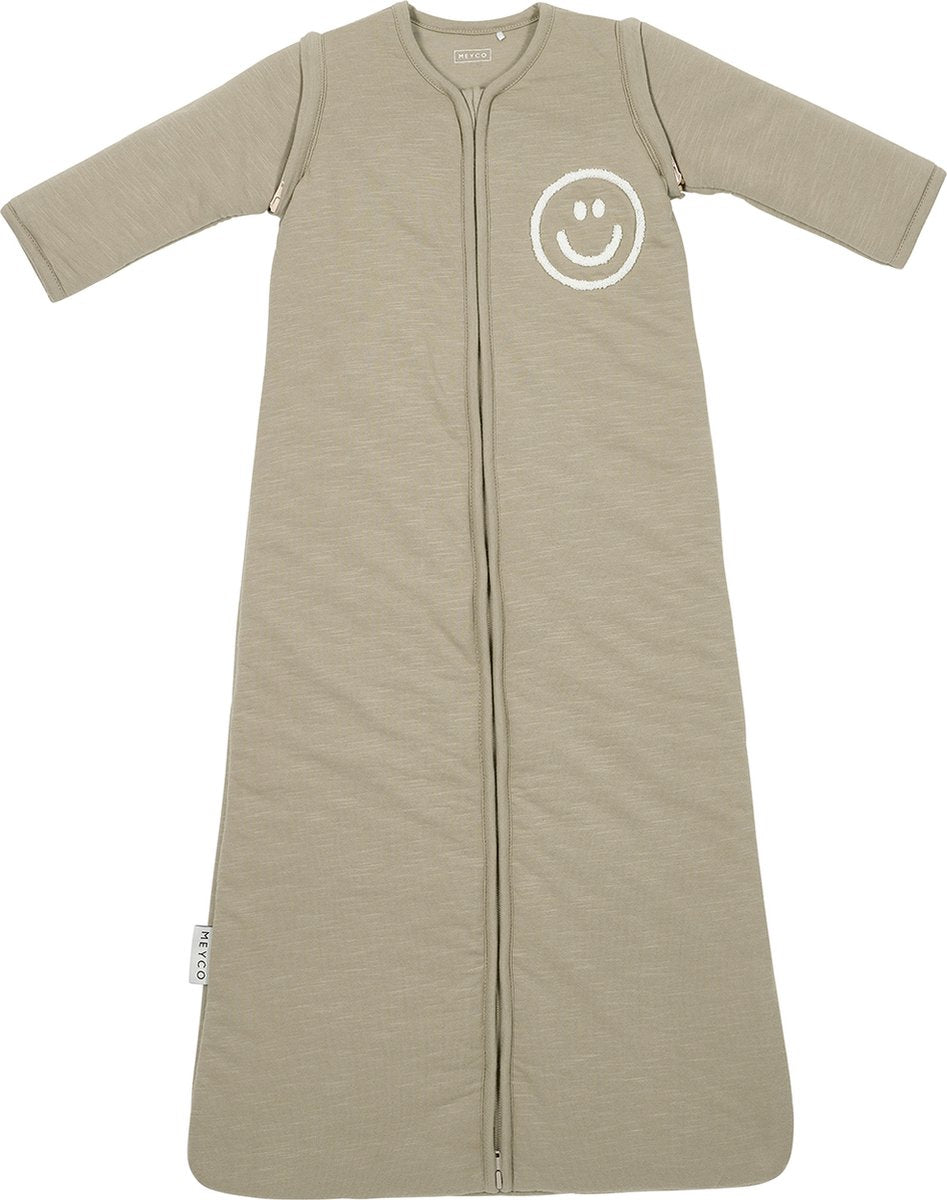 Meyco baby slub met smile applicatie baby slaapzak met afritsbare mouwen - taupe offwhite - 90cm - 2.5 tog