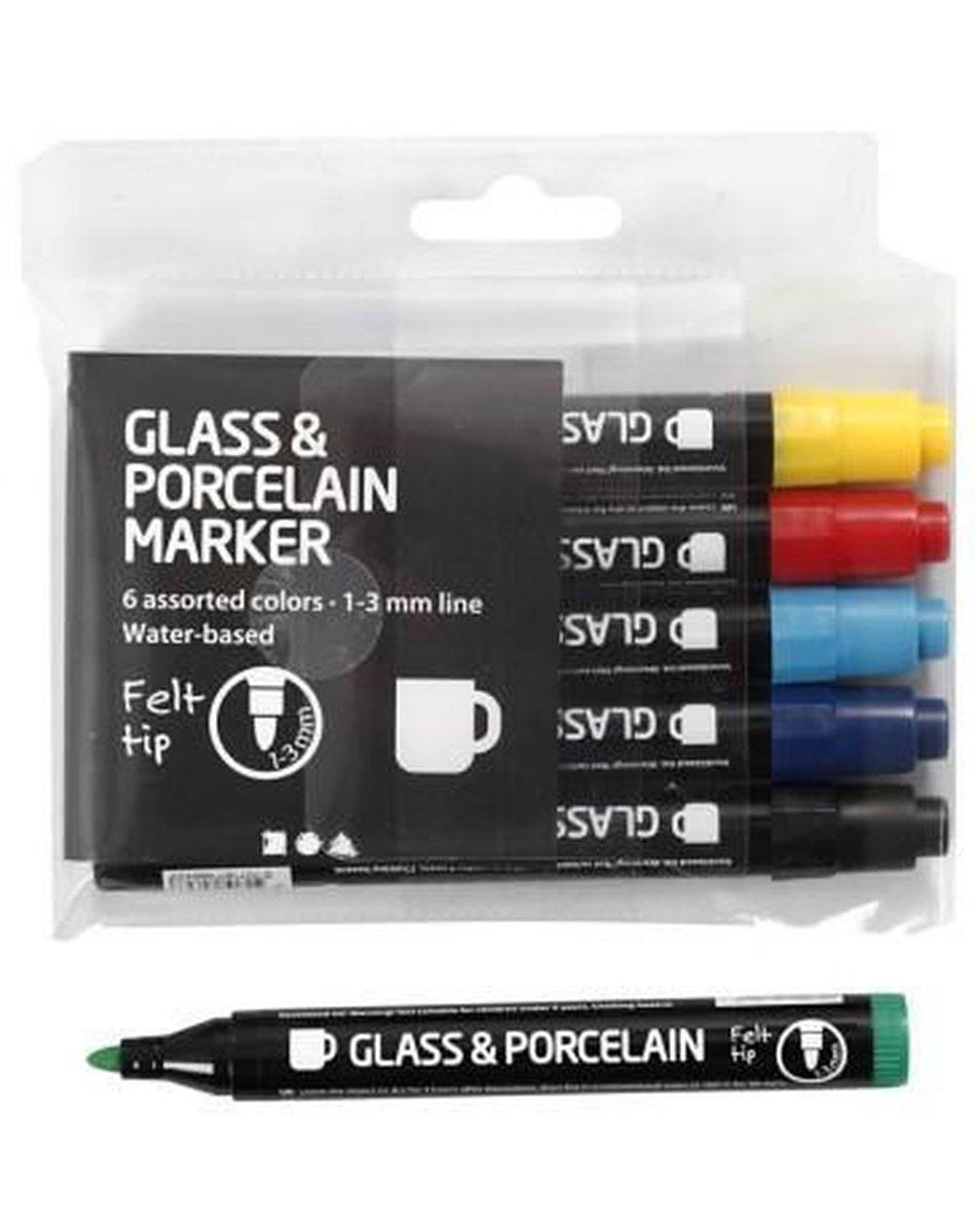 Creativ company glas- porseleinstiften, lijndikte 1-3 mm, semi-dekkend, standaardkleuren, 6 stuk