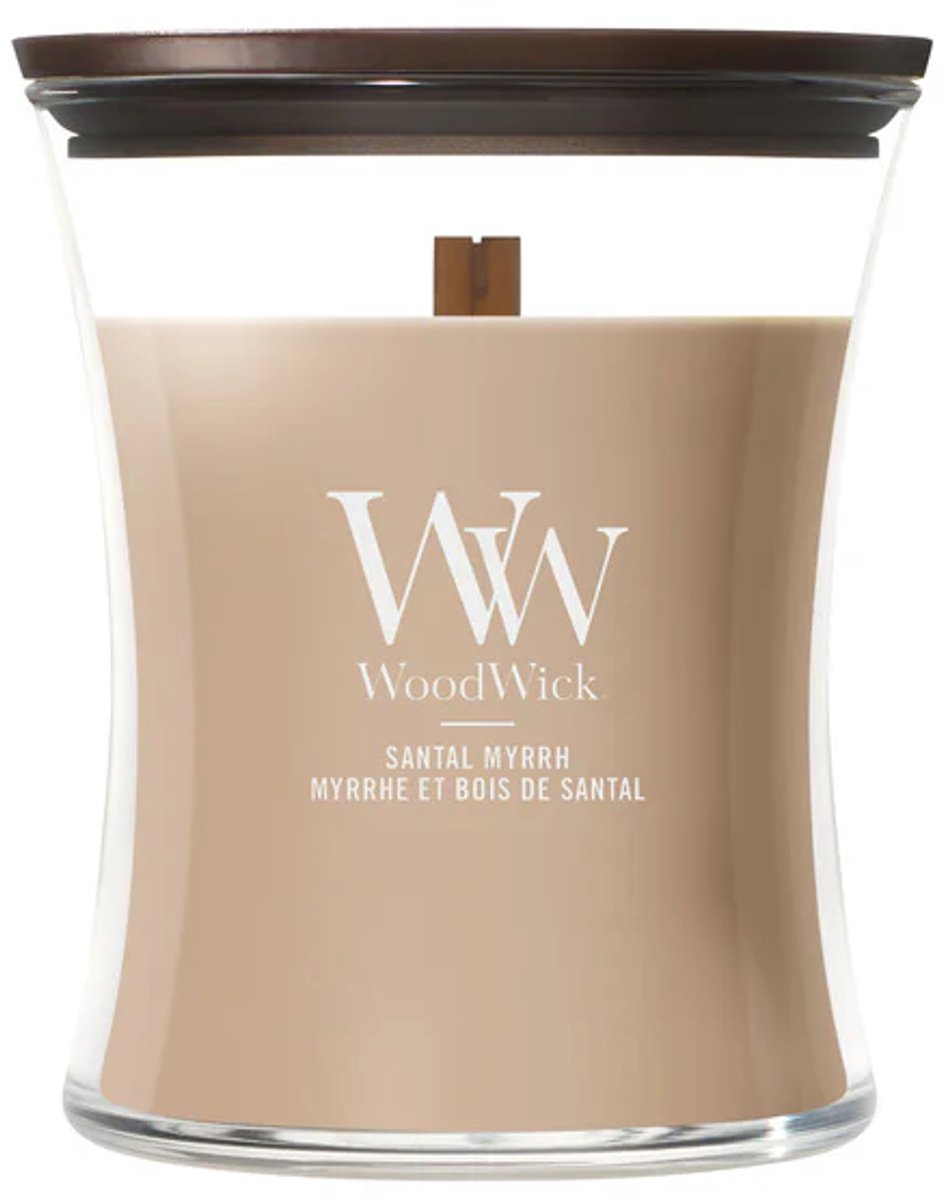 Woodwick hourglass medium geurkaars - santal myrrh - 60 branduren