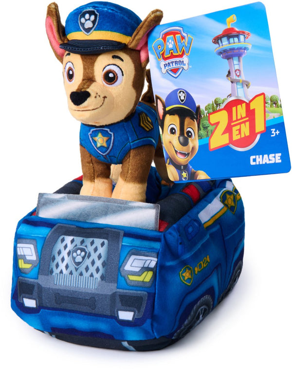 Paw patrol 2 in 1 pluche knuffel chase met voertuig - 15cm