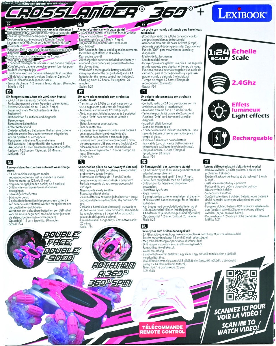Lexibook crosslander® 360+ - oplaadbare en programmable radio-controlled stunt pink car met verlichting.