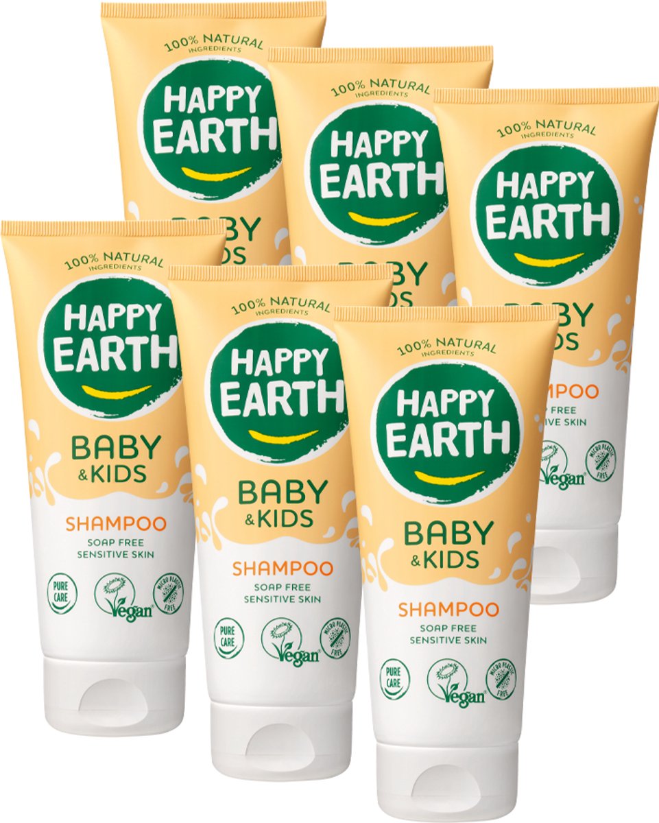 Happy earth bundel shampoo baby kids - 100% natuurlijke ingrediënten - microplasticvrij - 0% sls sles - babyverzorging – met plantaardige huidverzachter – geschikt voor pasgeborenen – 6 x 200ml - voordeelverpakking