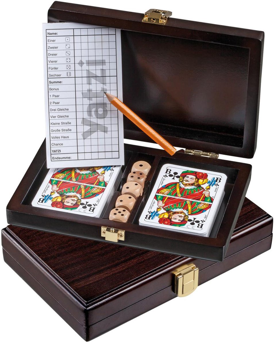 Philos kaartset met dobbelstenen en yahtzee scorekaart - houten box