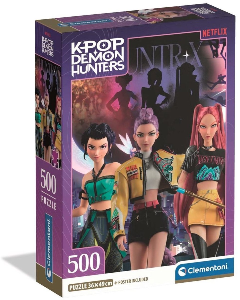 K-pop demon hunters puzzel 500 stukjes van clementoni compact - kpop huntrix legpuzzel voor kinderen - k pop hobby cadeau vanaf 6 jaar