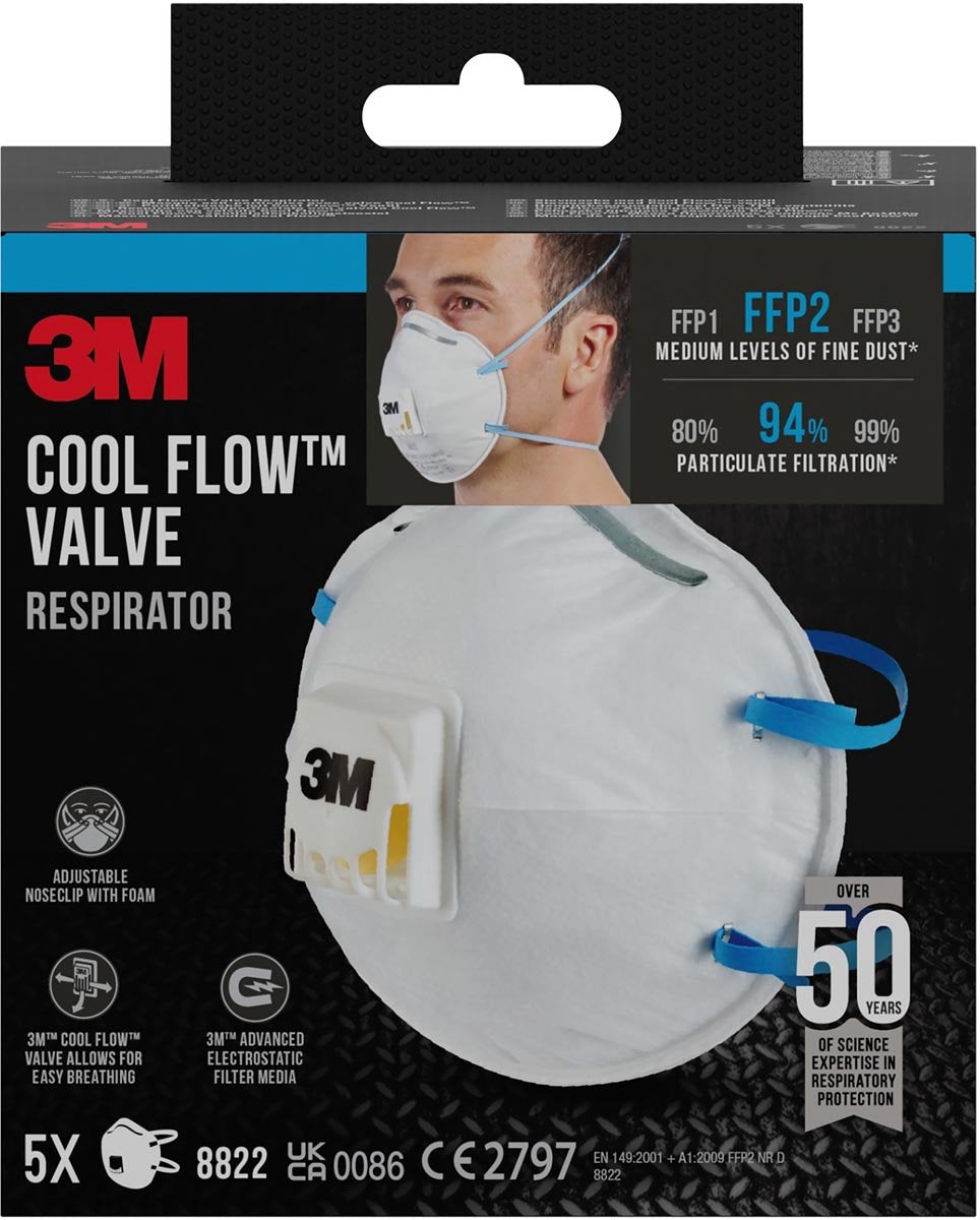 3m cool flow stofmasker, ffp2, met ventiel, pak van 5 stuks