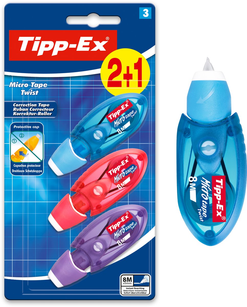 Tipp-ex correctieroller micro tape twist - 5mm x 8m - beschermende draaidop - compact - blister 3