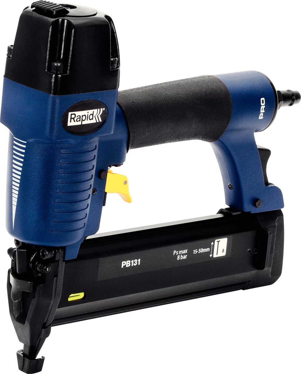 Rapid professionele pneumatische tacker - magnesium behuizing - 360° luchtuitlaat - regelbare inslagdiepte - blauw geel