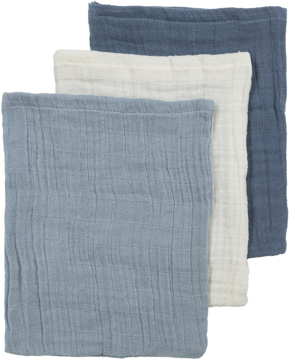 Meyco baby uni pre-washed hydrofiele washandjes - pre-washed hydrofiel - natural jeans blue indigo - 20x17cm - 3-pack