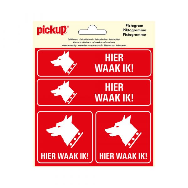 Sticker hier waak ik! - 150x150 mm 4 stuks.