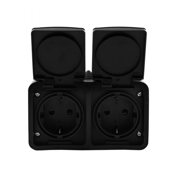 Q-link contactdoos opbouw - 2-voudig - met randaarde - spatwaterdicht ip54 - horizontaal - zwart