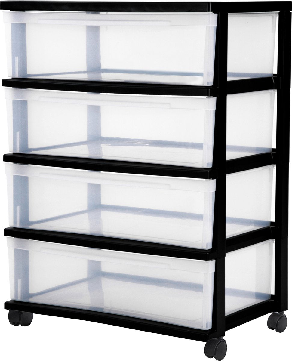 Iris new wide chest ladesysteem - 4 lades x 30l - kunststof - zwart transparant - met wielen