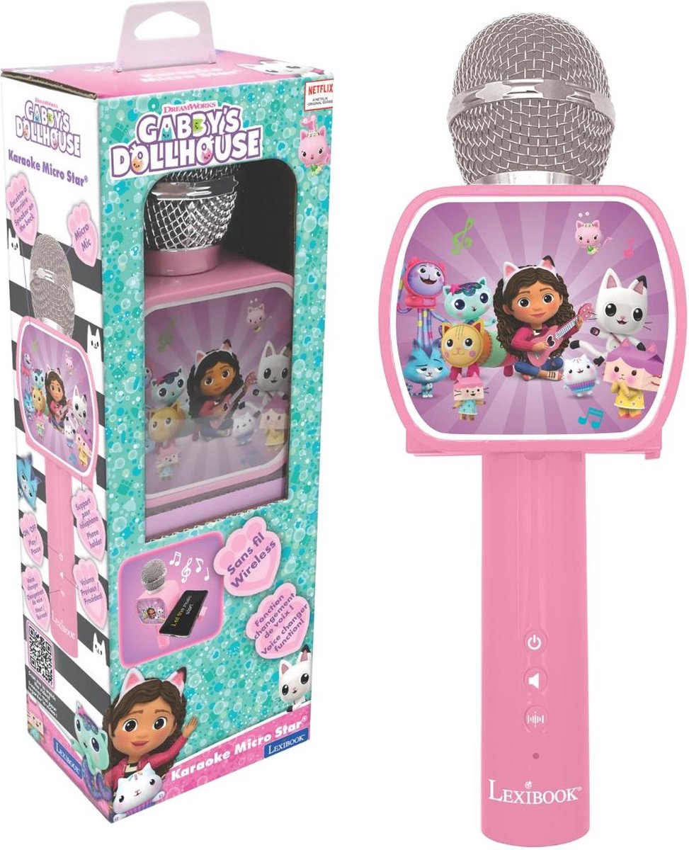 Lexibook gabby’s dollhouse draadloze microfoon met luidspreker, stemvervormer, uitschuifbare telefoonhouder en bluetooth-optie