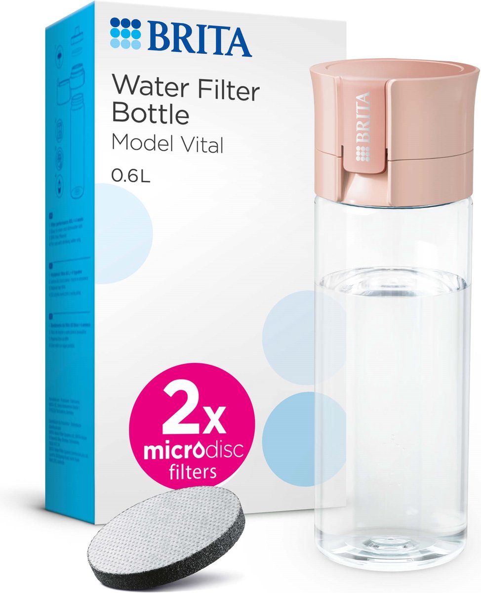 Brita - drinkfles vital voor volwassenen - 0,6l - perzik - inclusief 2 microdisc filterpatronen - ideaal voor drinkflessen