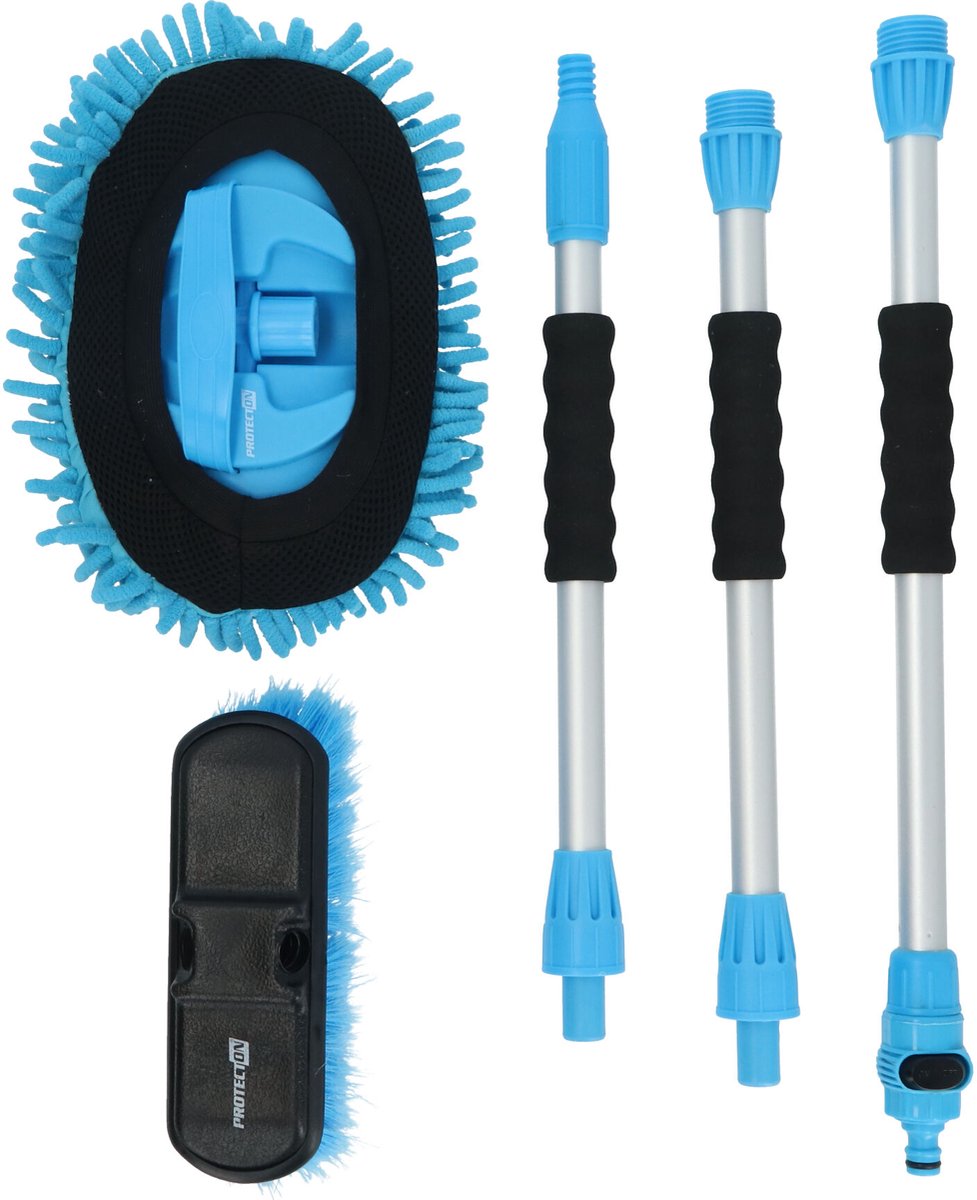Protecton auto wasborstel set - 5-delig - wasborstel chenille mop - steel uit 3 delen - maximale lengte 130cm - gardena aansluiting