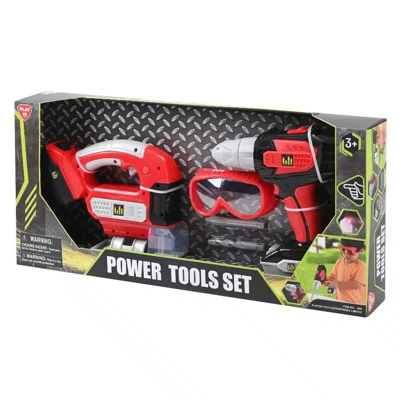 Playgo powertoolset gereedschapset met boor en decoupeerzaag en bril.