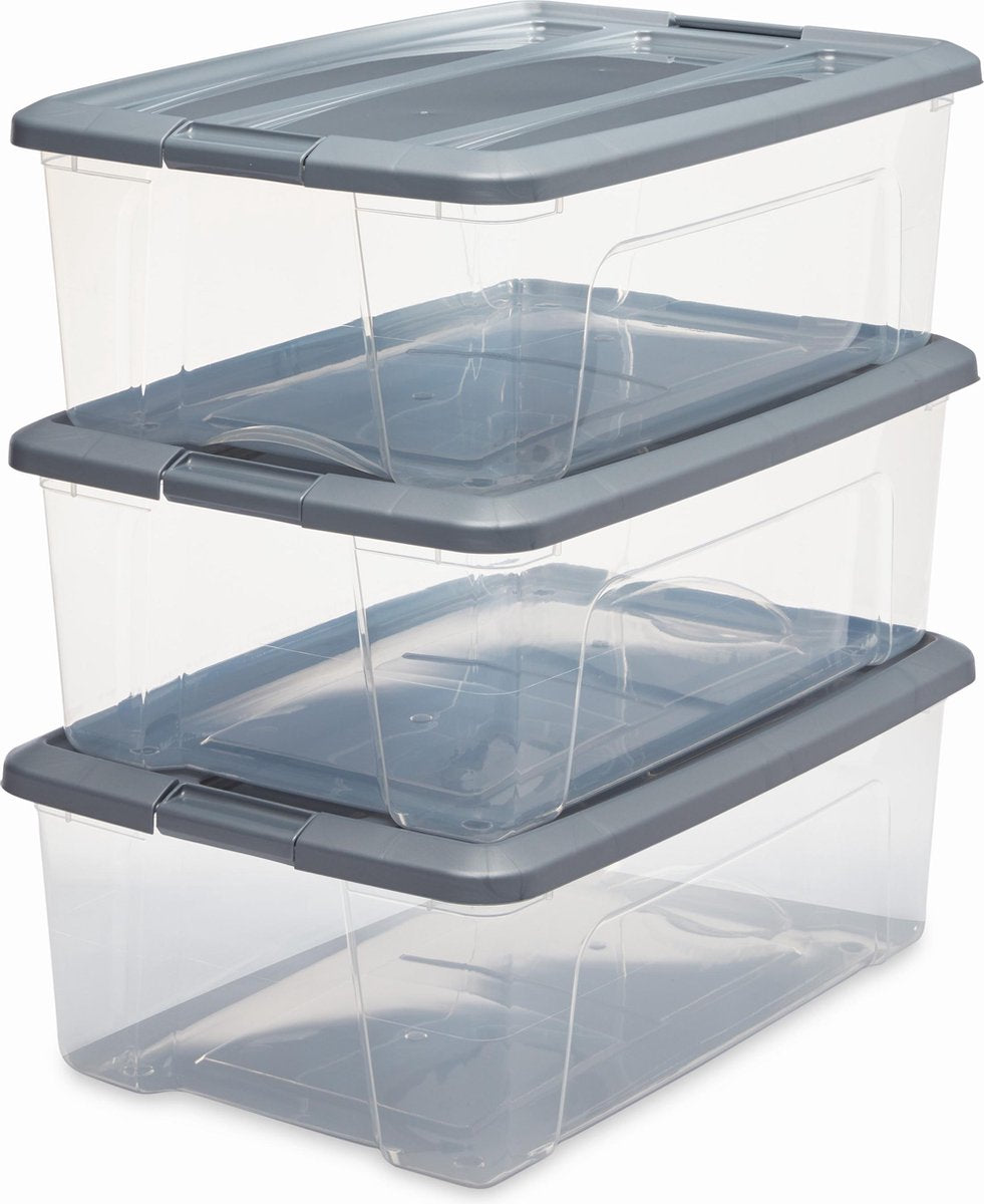 Iris new topbox opbergbox - 30l - kunststof - transparant zilvergrijs - set van 3