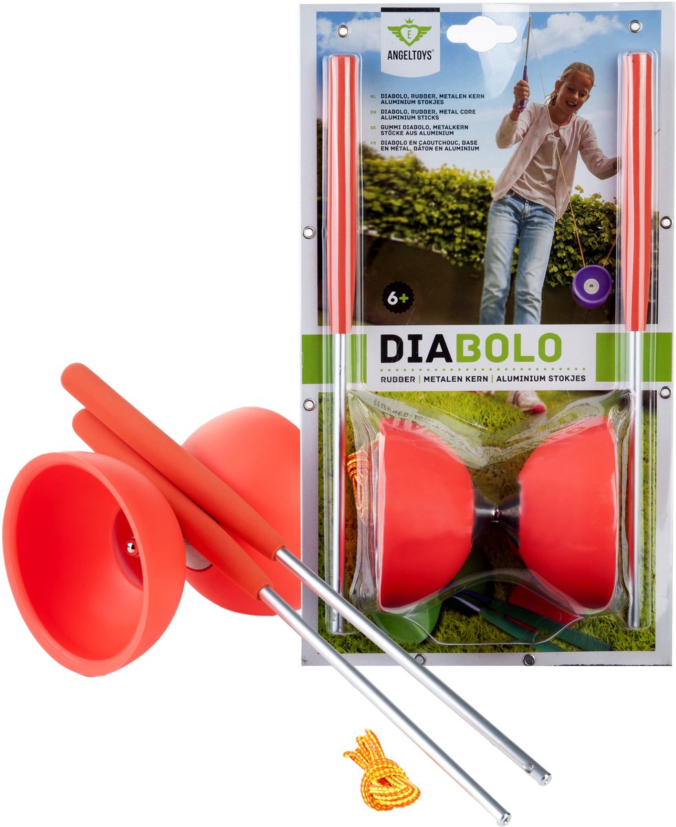Engelhart diabolo rubber fluor rood – circusspeelgoed voor kinderen volwassenen – inclusief metalen stokjes met eva handvat – coördinatie behendigheid – ø 10,5 cm –