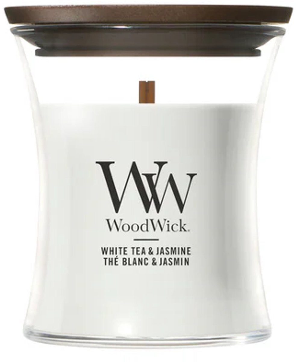 Woodwick geurkaars mini candle - white tea jasmine - 20 branduren - 85gr - 8 cm ø 7 cm