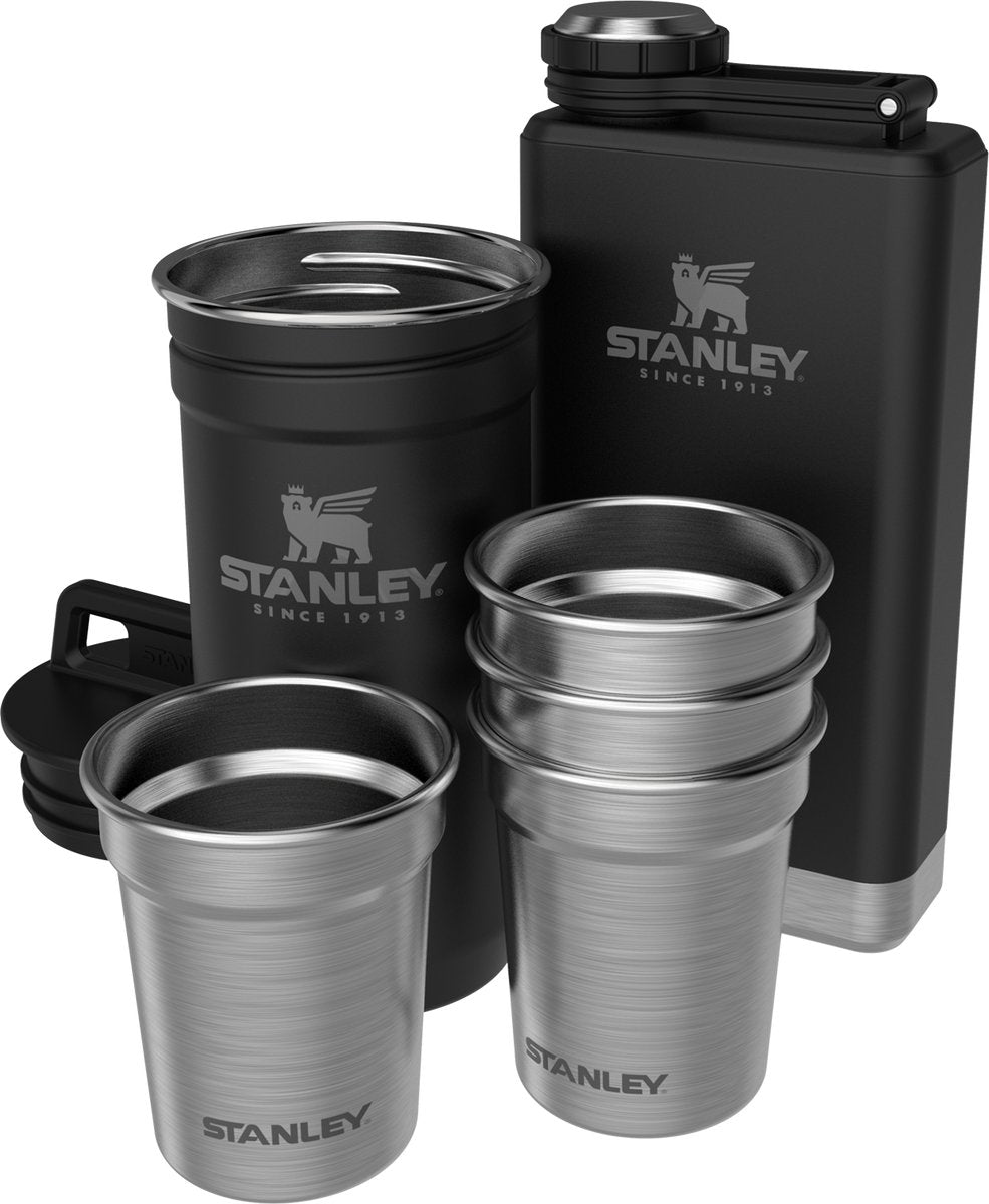 Stanley adventure pre-party shotglazen heupfles set - rvs - bpa vrije borrelglazen zakflacon - makkelijk opstapelen opbergen - vaatwasserbestendig - matte black pebble