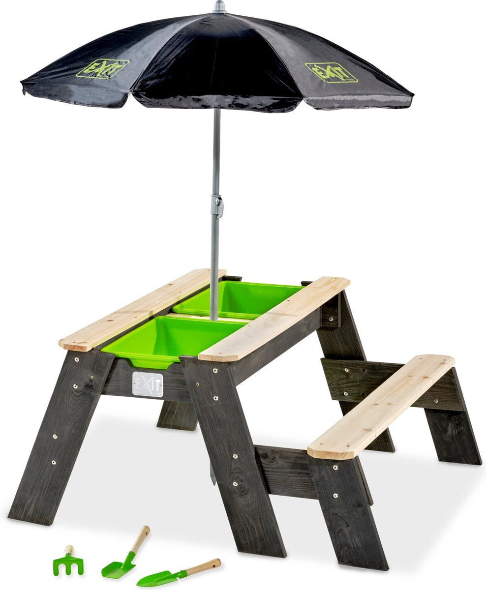 Exit toys exit aksent zand- water- picknicktafel (1 bankje) - met parasol tuingereedschap - watertafel - zandbak - hout - kinderen buiten