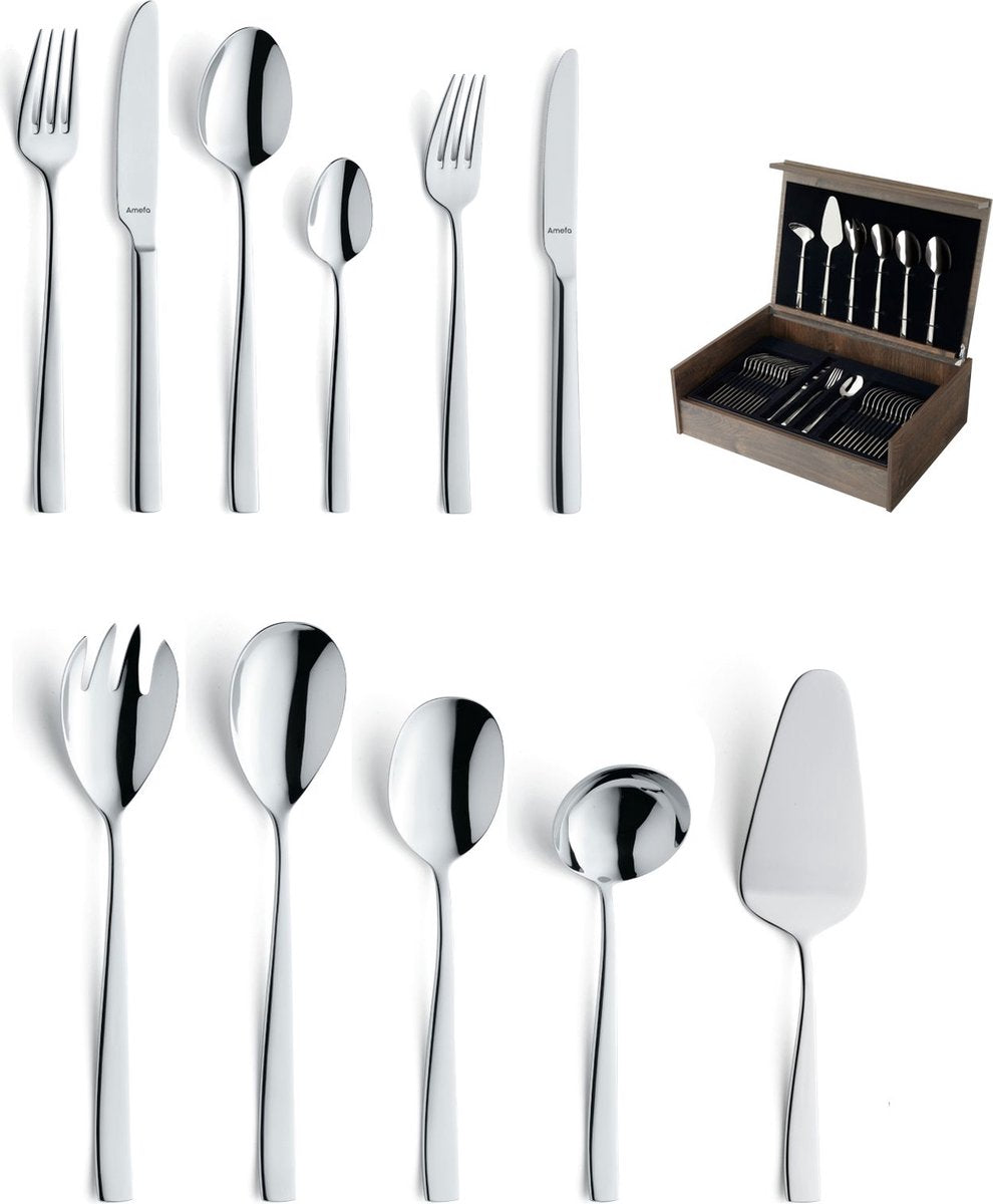 Amefa florence - 78-delige bestekset - voor 12 personen - hoogglans - zilverkleurig - in luxe houten kist
