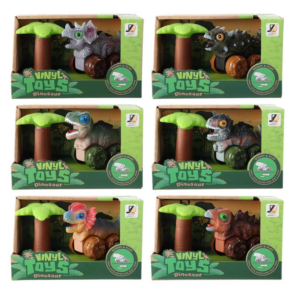 Baby dino auto 12cm met palmboom met frictie wielen