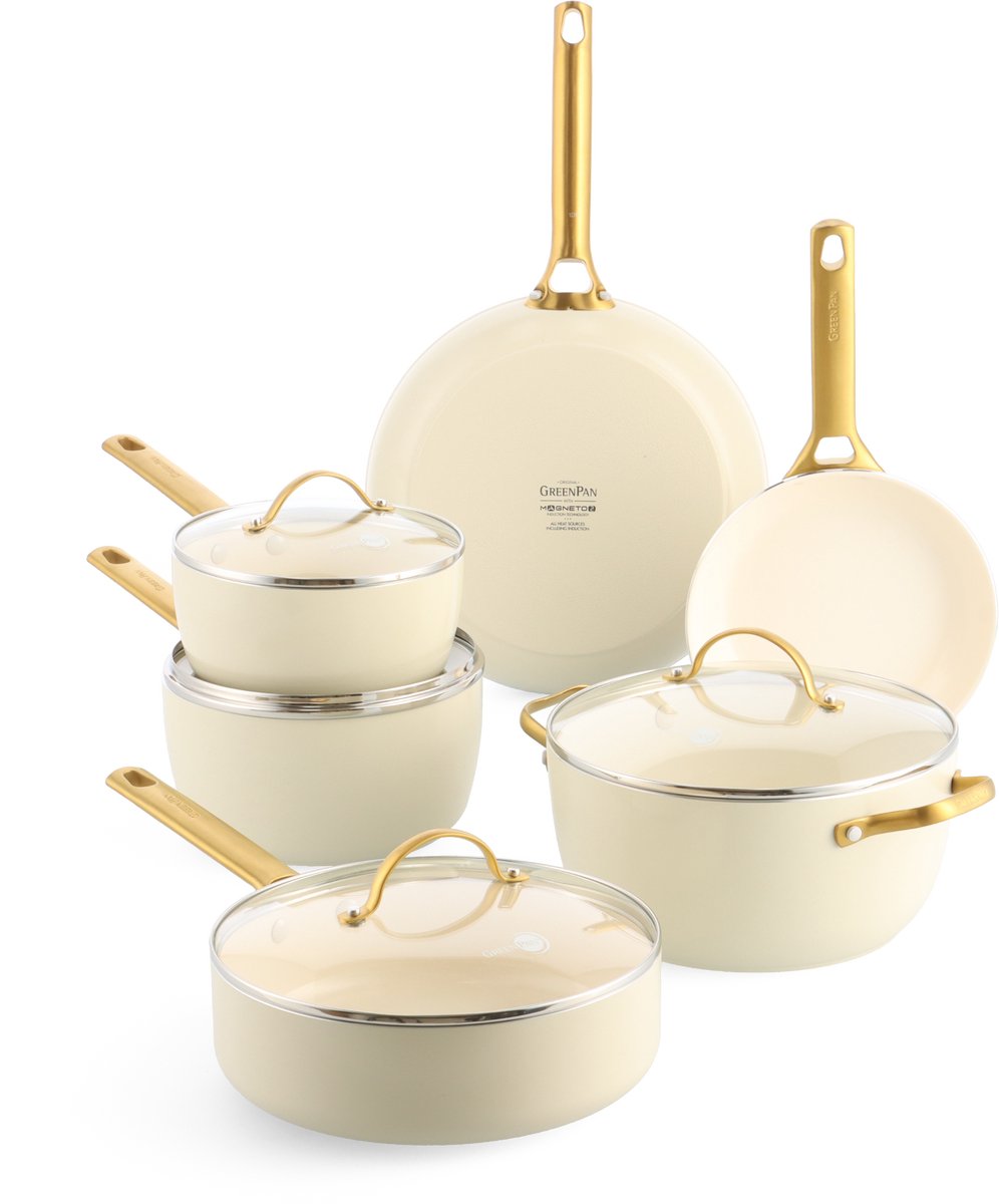 Greenpan padova cream keramische inductie pannenset 10-delig - pfas-vrij - inductie pannenset - inductie hapjespan - inductie koekenpan - ovenbestendig tot 200°c - vaatwasserbestendig - rvs handgrepen - met deksels - crème