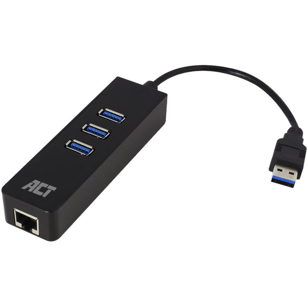ACT Connectivity USB Hub 3.2 3x USB-A ethernet, zwart