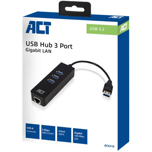 ACT Connectivity USB Hub 3.2 3x USB-A ethernet, zwart