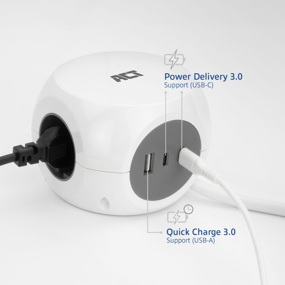Act connectivity stekkerdoos kubus met 3 stopcontacten, 30w power delivery usb-c a poorten, kabellengte 1,5m stekkerdoos (wit, type e)