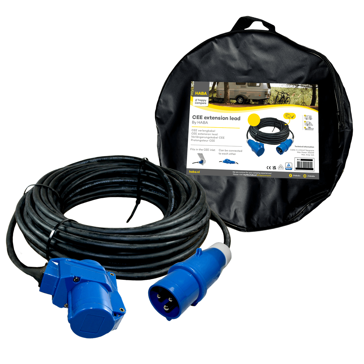 Ngk verleabel 10 meter neopreen 3x 1.5mm² - cee stekker en haakse koppeling - in tas
