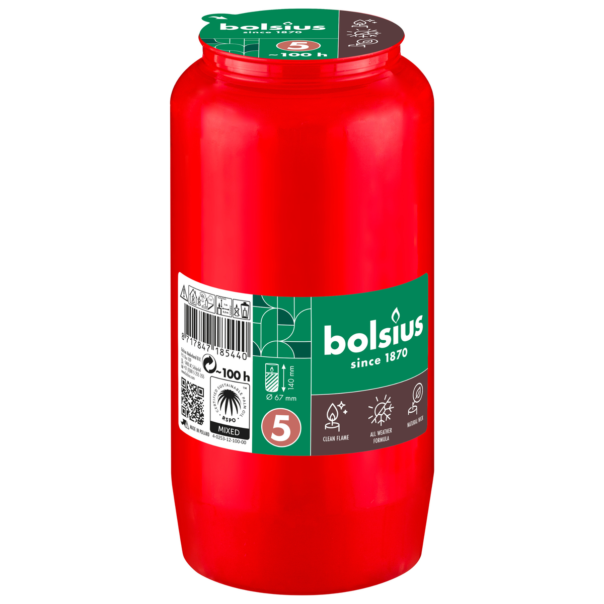 Bolsius compolight graflichten nr 5 rood ø67x141 mm 100 uur (24 stuks)