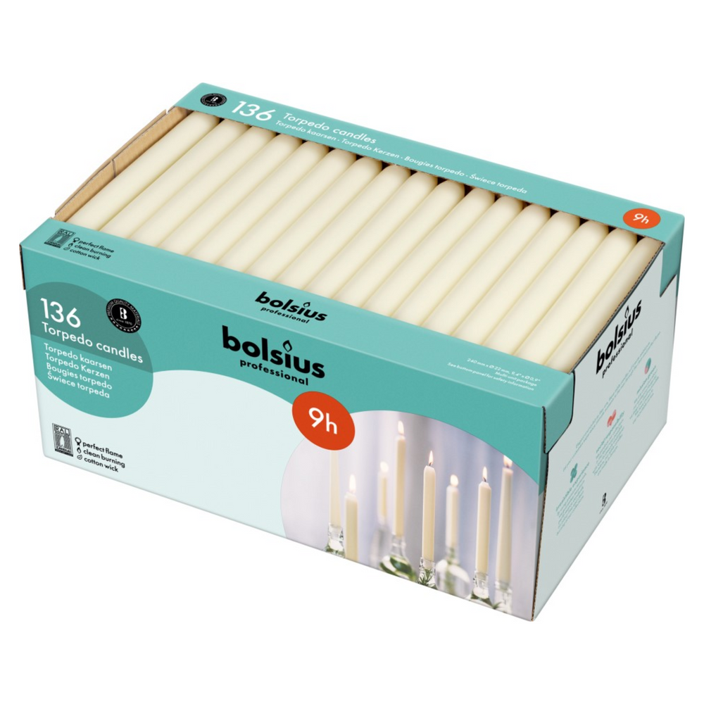 Bolsius professional torpedokaarsen ivoor ø22x240 mm 9 uur (136 stuks)